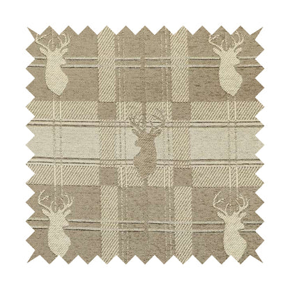 Highland Collection Luxury Soft Like Cotton Feel Stag Deer Head Animal Design On Checked Beige Background Chenille Upholstery Fabric JO-109 - Made To Measure Curtains