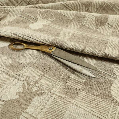 Highland Collection Luxury Soft Like Cotton Feel Stag Deer Head Animal Design On Checked Beige Background Chenille Upholstery Fabric JO-109 - Roman Blinds