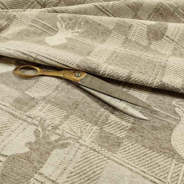 Highland Collection Luxury Soft Like Cotton Feel Stag Deer Head Animal Design On Checked Beige Background Chenille Upholstery Fabric JO-109 - Made To Measure Curtains