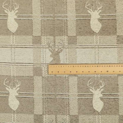 Highland Collection Luxury Soft Like Cotton Feel Stag Deer Head Animal Design On Checked Beige Background Chenille Upholstery Fabric JO-109 - Made To Measure Curtains