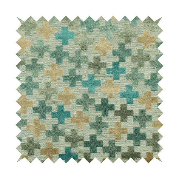 Geometric Plus Sign Pattern Cut Velvet Material Blue Teal Beige Colour Upholstery Fabric JO-1095 - Roman Blinds