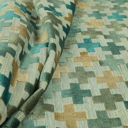 Geometric Plus Sign Pattern Cut Velvet Material Blue Teal Beige Colour Upholstery Fabric JO-1095 - Roman Blinds