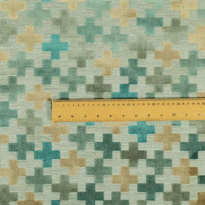 Geometric Plus Sign Pattern Cut Velvet Material Blue Teal Beige Colour Upholstery Fabric JO-1095 - Roman Blinds