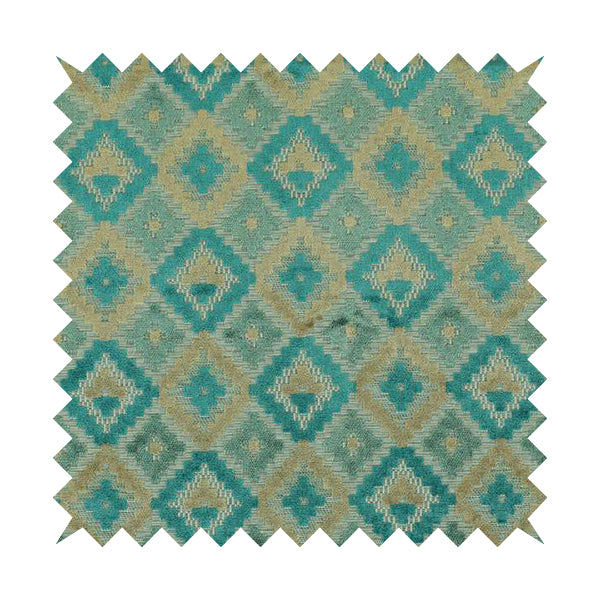 Geometric Aztec Pattern Cut Velvet Material Blue Teal Beige Colour Upholstery Fabric JO-1096 - Made To Measure Curtains