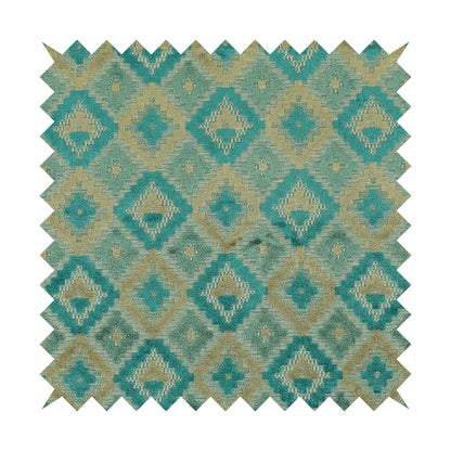 Geometric Aztec Pattern Cut Velvet Material Blue Teal Beige Colour Upholstery Fabric JO-1096 - Made To Measure Curtains