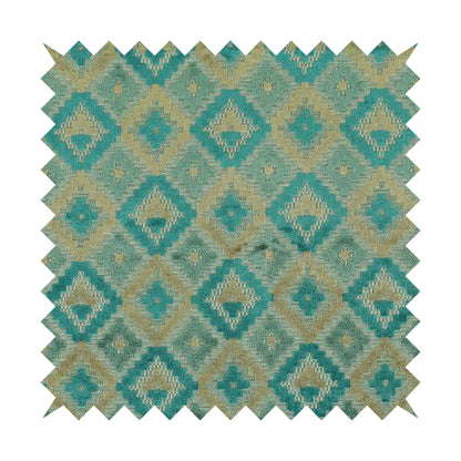 Geometric Aztec Pattern Cut Velvet Material Blue Teal Beige Colour Upholstery Fabric JO-1096
