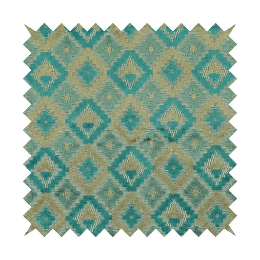 Geometric Aztec Pattern Cut Velvet Material Blue Teal Beige Colour Upholstery Fabric JO-1096