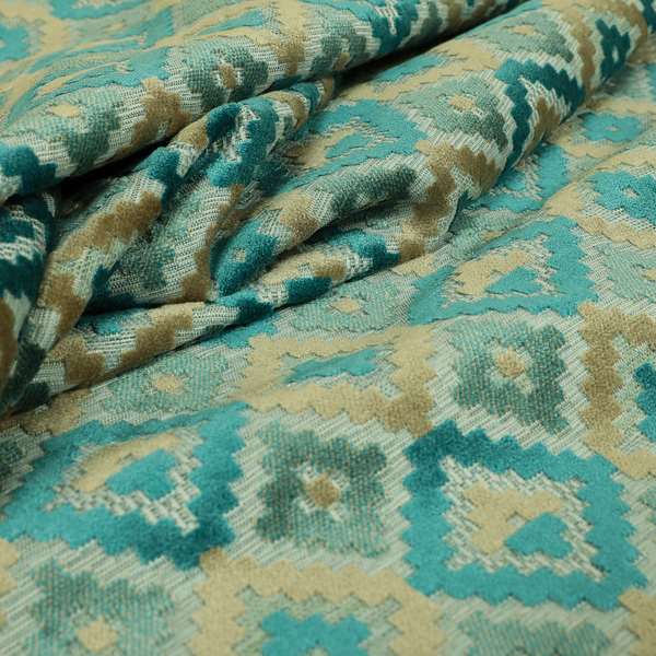 Geometric Aztec Pattern Cut Velvet Material Blue Teal Beige Colour Upholstery Fabric JO-1096 - Made To Measure Curtains