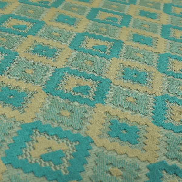 Geometric Aztec Pattern Cut Velvet Material Blue Teal Beige Colour Upholstery Fabric JO-1096 - Made To Measure Curtains