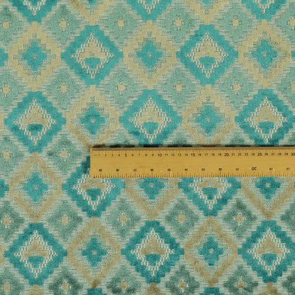 Geometric Aztec Pattern Cut Velvet Material Blue Teal Beige Colour Upholstery Fabric JO-1096 - Made To Measure Curtains