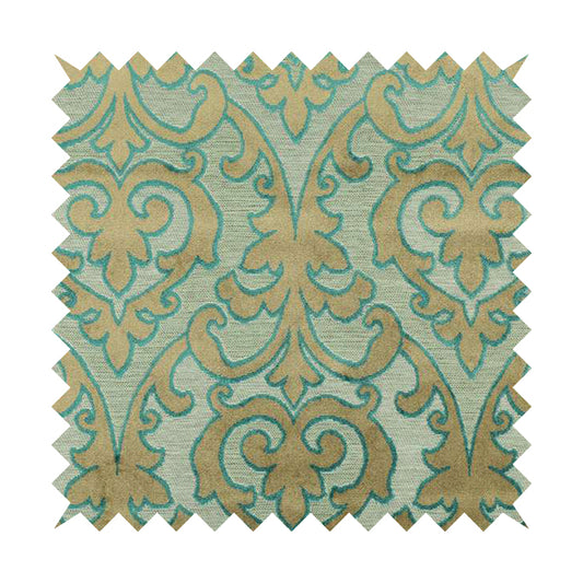 Fleur De Lis Theme Pattern Blue Beige Pattern Cut Velvet Upholstery Fabric JO-1098