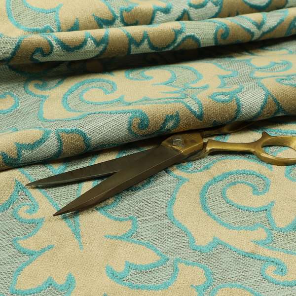 Fleur De Lis Theme Pattern Blue Beige Pattern Cut Velvet Upholstery Fabric JO-1098 - Handmade Cushions