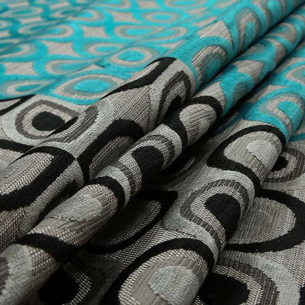 Half Half Black Grey Teal Blue Geometric Round Pattern Fabric Soft Velvet Upholstery Fabric JO-11 - Made to Measure Curtains