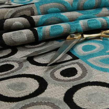 Half Half Black Grey Teal Blue Geometric Round Pattern Fabric Soft Velvet Upholstery Fabric JO-11