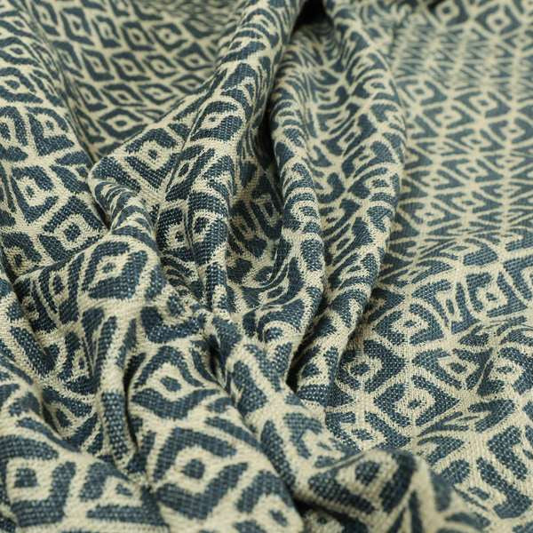 Blue Cream Colour Symmetrical Geometric Pattern Furnishing Upholstery Fabric JO-1104 - Made To Measure Curtains