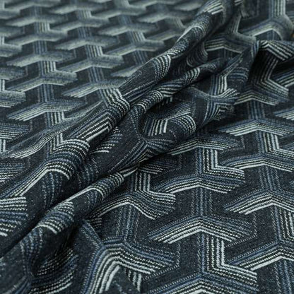 Locked Geometric Pattern Navy Blue Colour Chenille Upholstery Fabric JO-1106 - Made To Measure Curtains