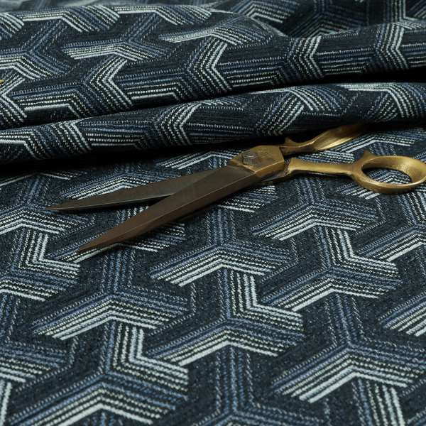 Locked Geometric Pattern Navy Blue Colour Chenille Upholstery Fabric JO-1106 - Made To Measure Curtains