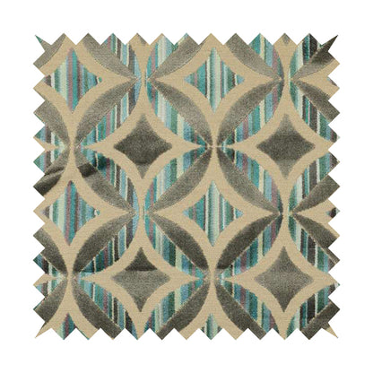 Geometric Oval Pattern Inspired Cut Velvet Teal Blue Beige Colour Upholstery Fabric JO-1108 - Roman Blinds