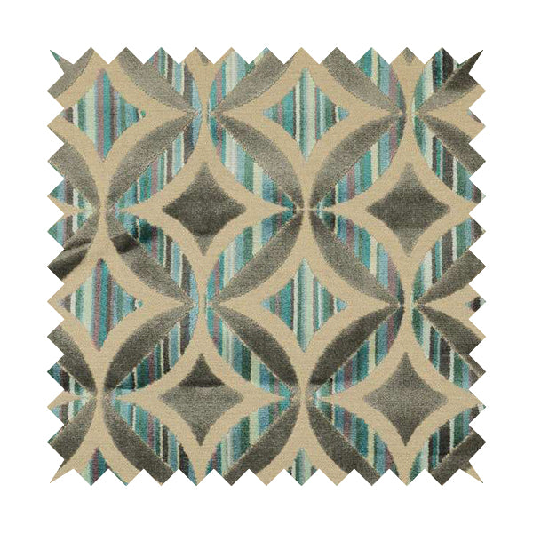 Geometric Oval Pattern Inspired Cut Velvet Teal Blue Beige Colour Upholstery Fabric JO-1108