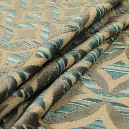 Geometric Oval Pattern Inspired Cut Velvet Teal Blue Beige Colour Upholstery Fabric JO-1108 - Made To Measure Curtains