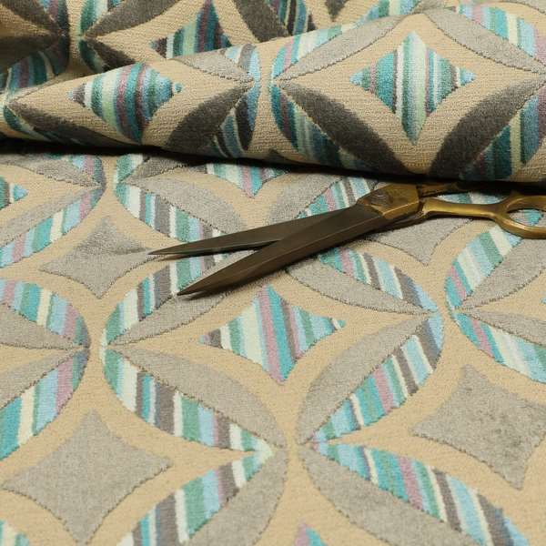 Geometric Oval Pattern Inspired Cut Velvet Teal Blue Beige Colour Upholstery Fabric JO-1108 - Roman Blinds