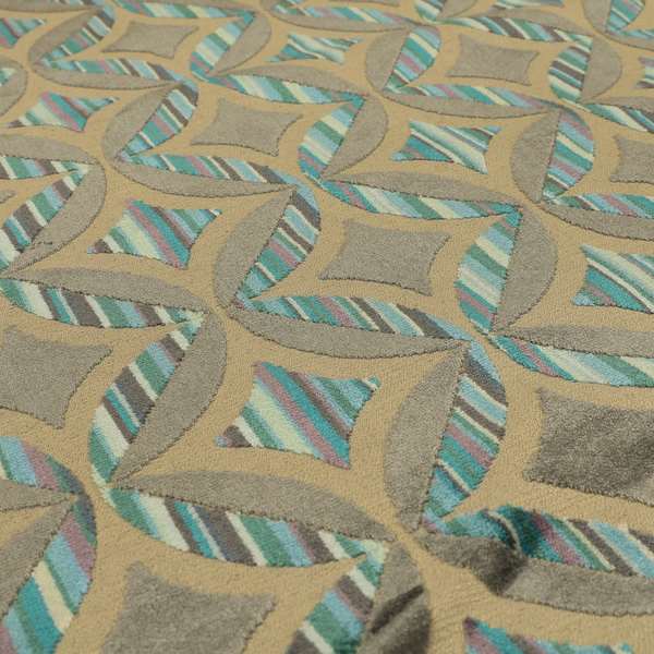 Geometric Oval Pattern Inspired Cut Velvet Teal Blue Beige Colour Upholstery Fabric JO-1108 - Made To Measure Curtains