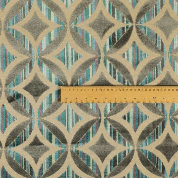 Geometric Oval Pattern Inspired Cut Velvet Teal Blue Beige Colour Upholstery Fabric JO-1108 - Roman Blinds