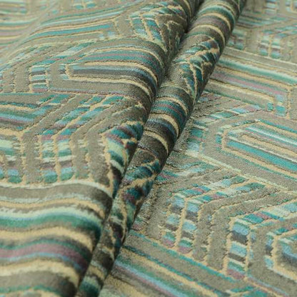 Uniformed Stripe Chevron Pattern Inspired Cut Velvet Teal Blue Grey Colour Upholstery Fabric JO-1109 - Roman Blinds