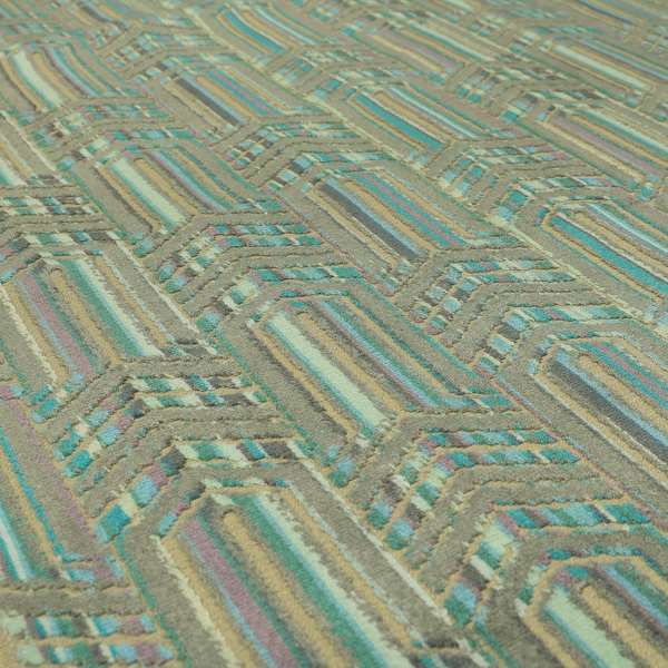 Uniformed Stripe Chevron Pattern Inspired Cut Velvet Teal Blue Grey Colour Upholstery Fabric JO-1109 - Made To Measure Curtains