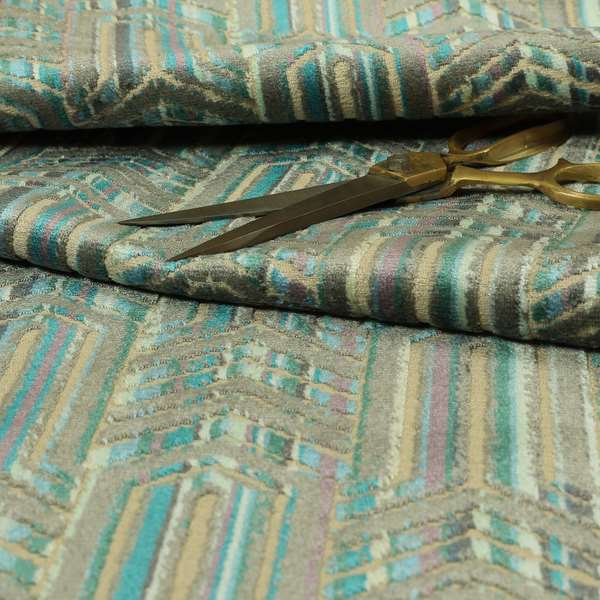 Uniformed Stripe Chevron Pattern Inspired Cut Velvet Teal Blue Grey Colour Upholstery Fabric JO-1109