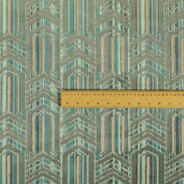 Uniformed Stripe Chevron Pattern Inspired Cut Velvet Teal Blue Grey Colour Upholstery Fabric JO-1109 - Roman Blinds