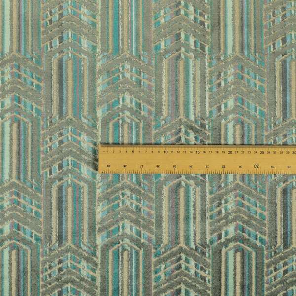 Uniformed Stripe Chevron Pattern Inspired Cut Velvet Teal Blue Grey Colour Upholstery Fabric JO-1109
