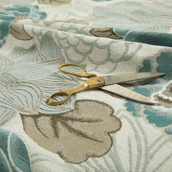 Brown Blue Beige Floral Pattern Soft Chenille Upholstery Fabric JO-111 - Made To Measure Curtains