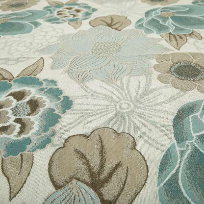 Brown Blue Beige Floral Pattern Soft Chenille Upholstery Fabric JO-111 - Made To Measure Curtains