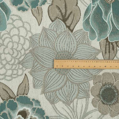 Brown Blue Beige Floral Pattern Soft Chenille Upholstery Fabric JO-111 - Made To Measure Curtains