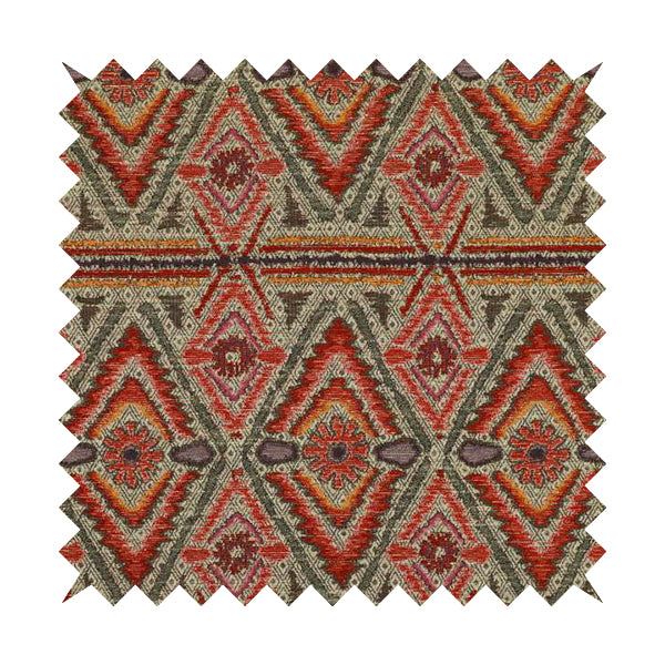 Red Orange Purple Aztec Theme Pattern Chenille Upholstery Fabric JO-1112