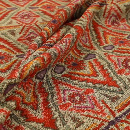 Red Orange Purple Aztec Theme Pattern Chenille Upholstery Fabric JO-1112 - Made To Measure Curtains