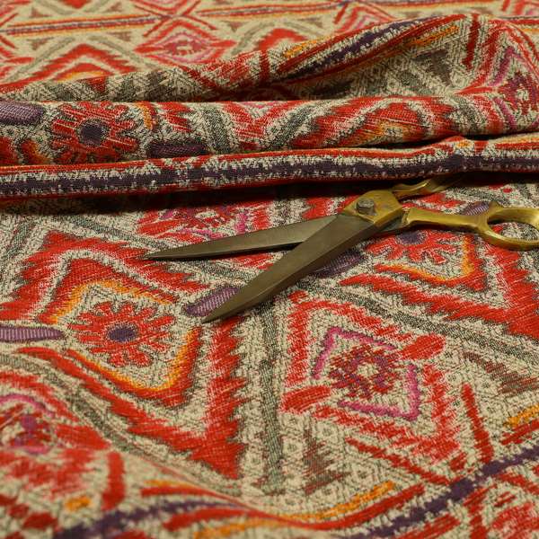 Red Orange Purple Aztec Theme Pattern Chenille Upholstery Fabric JO-1112 - Made To Measure Curtains