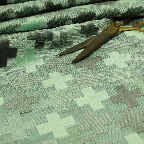 Geometric Plus Sign Pattern Cut Velvet Material Grey Green Colour Upholstery Fabric JO-1115 - Roman Blinds