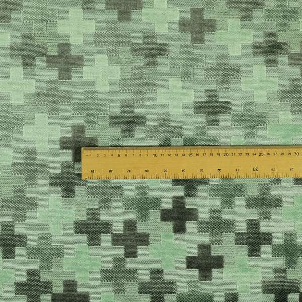 Geometric Plus Sign Pattern Cut Velvet Material Grey Green Colour Upholstery Fabric JO-1115 - Roman Blinds