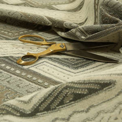 Grey Beige Colour Kilim Aztec Geometric Design Soft Chenille Upholstery Fabric JO-112 - Made To Measure Curtains