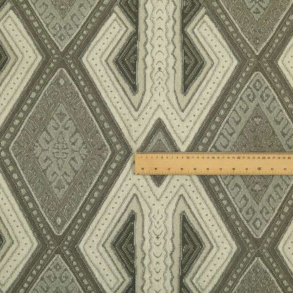 Grey Beige Colour Kilim Aztec Geometric Design Soft Chenille Upholstery Fabric JO-112 - Made To Measure Curtains