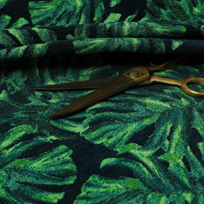 Jungle Leaf Pattern Green Blue Colour Soft Chenille Upholstery Fabric JO-1140 - Made To Measure Curtains