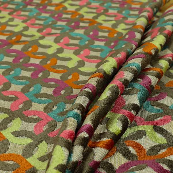 Modern Locked Pattern Cut Velvet Material Multi Coloured Upholstery Fabric JO-1145