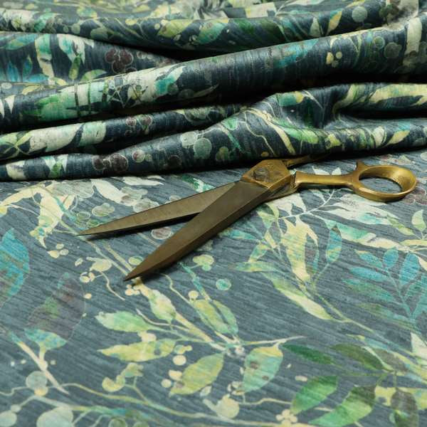 Soft Textured Velvet Floral Pattern Upholstery Fabrics In Blue Green Colour JO-1151 - Made To Measure Curtains