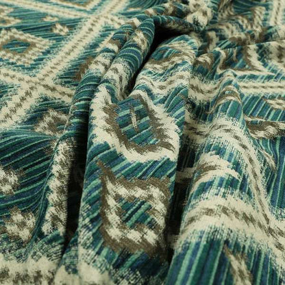 Blue Grey Colour Aztec Pattern Soft Chenille Upholstery Fabric JO-1158 - Made To Measure Curtains