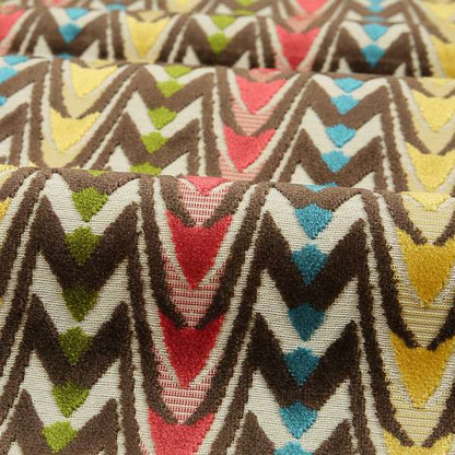 Ziani Designer Curved Pattern In Vibrant Yellow Blue Brown Red Green Colour Velvet Upholstery Fabric JO-116