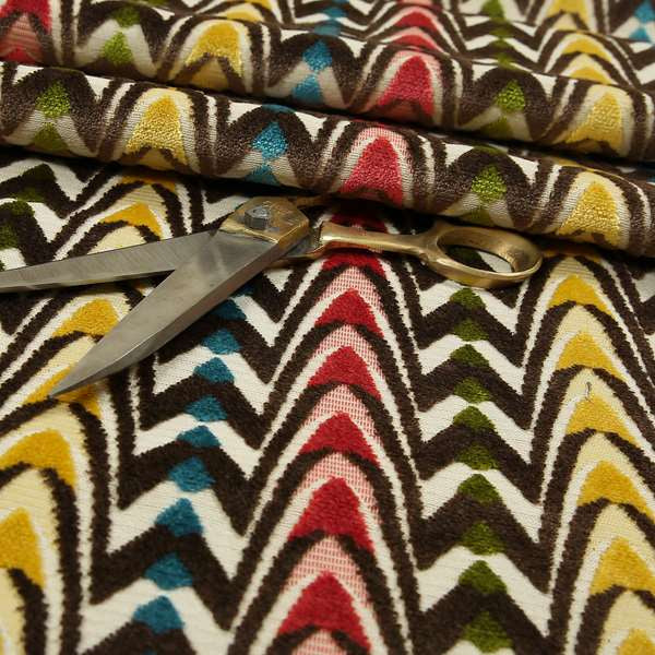 Ziani Designer Curved Pattern In Vibrant Yellow Blue Brown Red Green Colour Velvet Upholstery Fabric JO-116