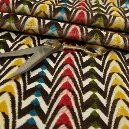 Ziani Designer Curved Pattern In Vibrant Yellow Blue Brown Red Green Colour Velvet Upholstery Fabric JO-116 - Made To Measure Curtains