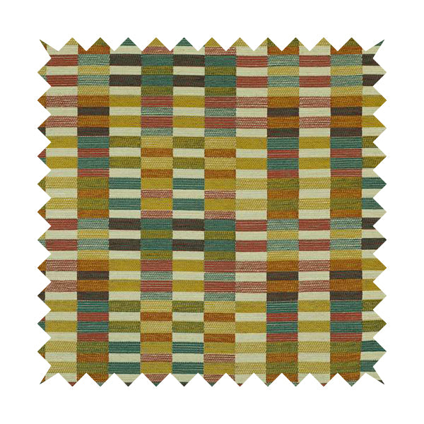 Multicoloured Brick Block Geometric Pattern Chenille Furnishing Upholstery Fabric JO-1163 - Made To Measure Curtains